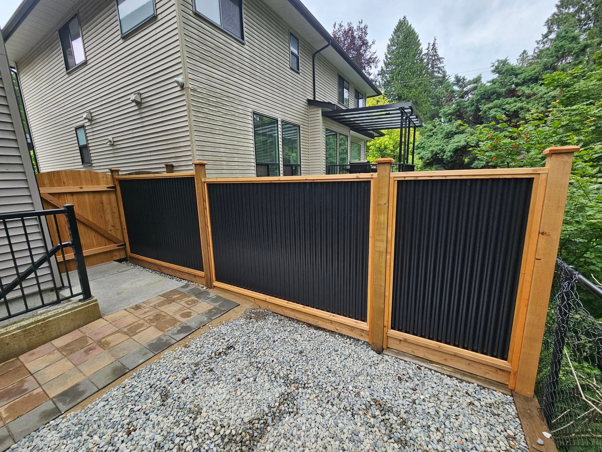 Corrugated Metal & Cedar Trim Fence — Maple Ridge, BC
